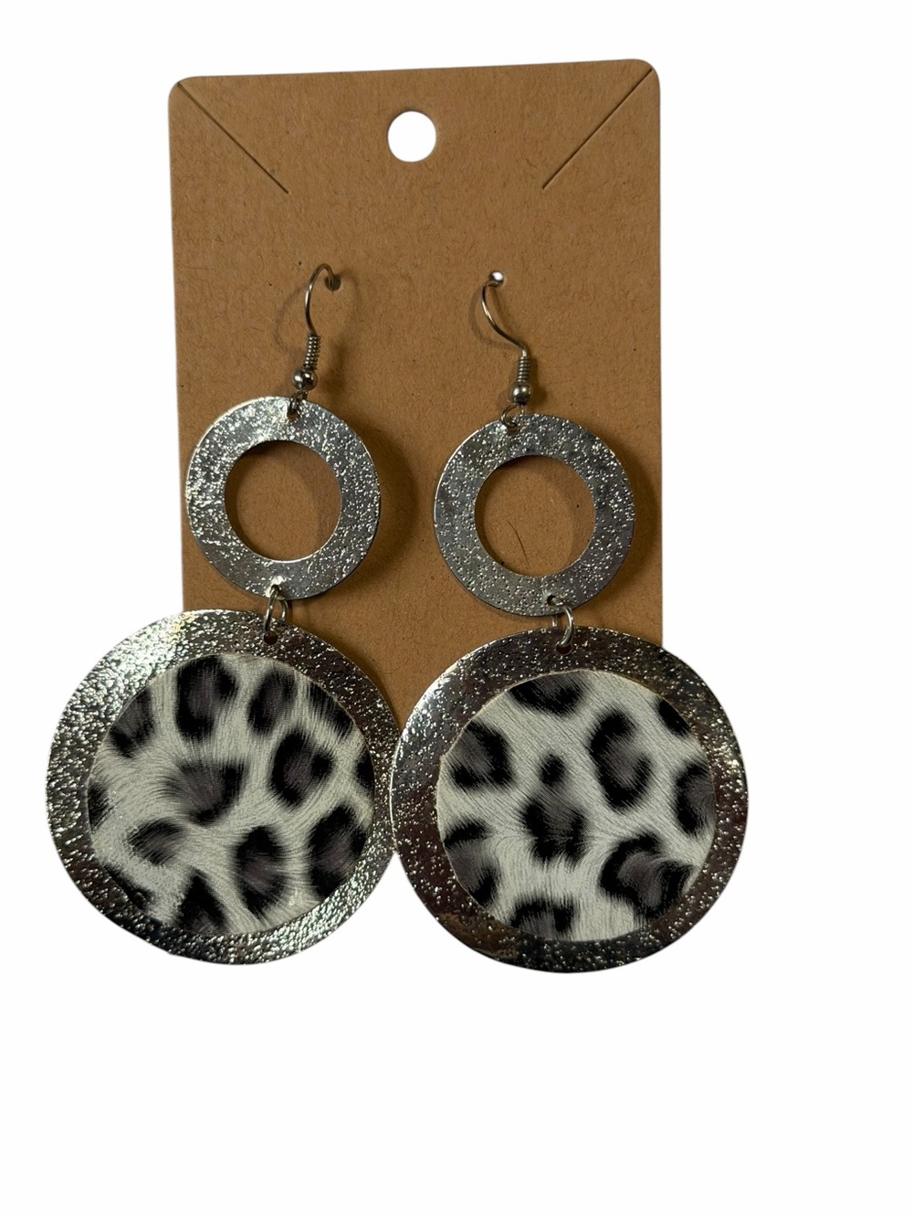 Silver and Black Leopard Print Double Circle Dangle Earrings